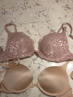 LaSenza Hello Sugar Plunge Set Of 2 Bras 32A Push-Up Bra Dusty Rose Lace Nude